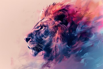A beautifully conceptual representation of a lion's head surrounded by a colorful abstract explosion of paint