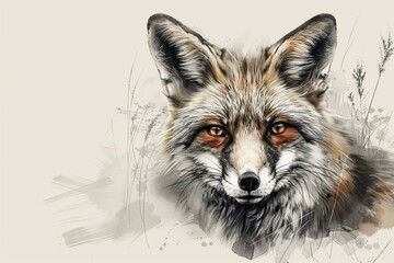 Naklejka premium Detailed illustration of a red fox's face with expressive eyes on a neutral background