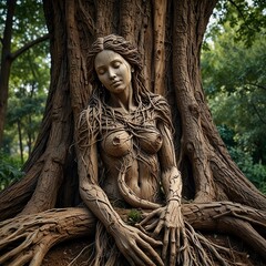 A figure of a woman made from the roots of a tree in a masterpiece forest. The woman's head, hair, body, hands are woven from the roots of a tree. Original, beautiful, fantastic art.