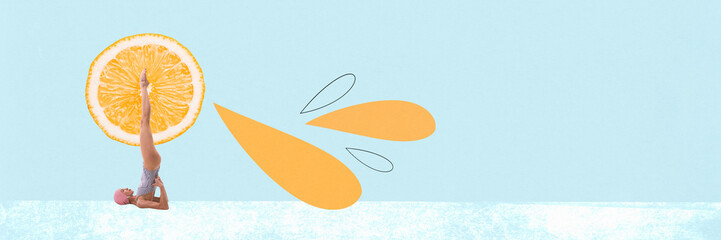 Young woman in swimsuit lying under orange slice symbolizing sun, and stretching. Banner....