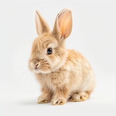 Obraz premium Adorable fluffy baby rabbit with large ears sitting on a white background, showcasing its cute and innocent expression.