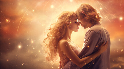 Bright colorful illustration representing love. Valentine's day image background. Lovely couple looking each other in eyes