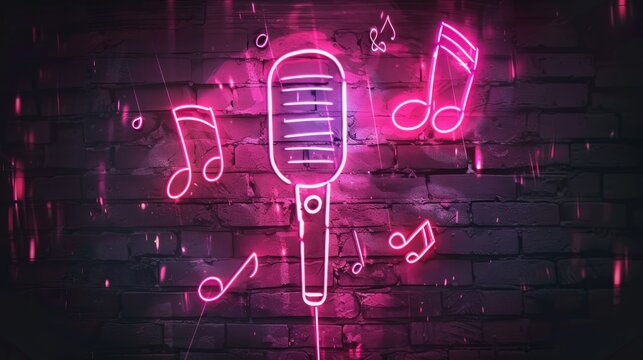 CG realistic neon sign of microphone flyer for template decoration and invitation covering. Concept of karaoke, nightclub and music.