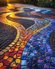 Community mosaic, mosaic tiles, neighborhood plaza renovation, sunset, mosaic