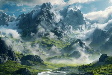 Naklejka premium Magical, majestic fantasy mountain landscape. mysterious 3D animation, Generative AI.