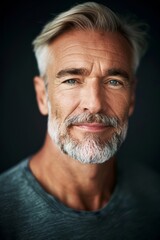 Obraz premium portrait of handsome well-groomed adult man 65 years old with gray hair and beard in T-shirt on black background