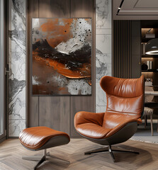 Dark Gold sofa and recliner chair in scandinavian apartment high quality photo