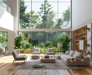 Modern living room interior with large windows