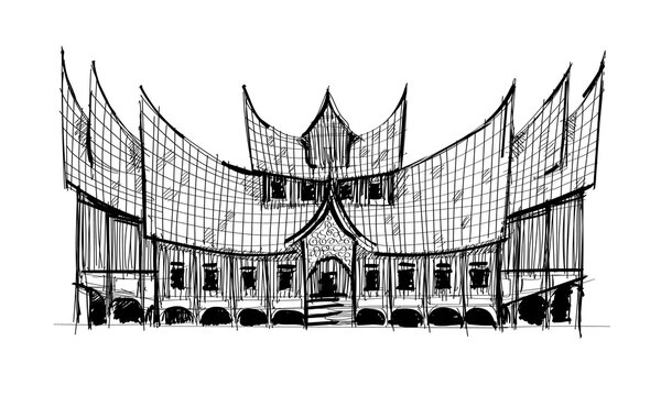 Rumah gadang minang padang hand drawn black and white hand drawn illustration minangkabau traditional house