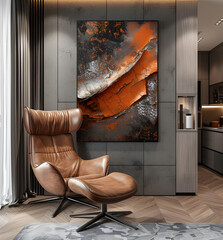 Dark Gold sofa and recliner chair in scandinavian apartment high quality photo