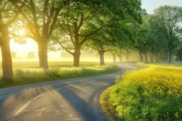 Obraz premium Morning Sunlight Illuminates Winding Country Road Through Trees and Wildflowers
