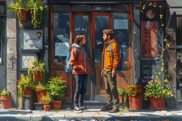 Naklejka premium A digital painting of a couple in a moment of conversation outside a detailed shop with plants
