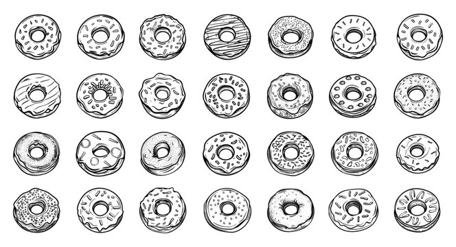 Doodle style cute donuts icons set. Low detailed line sketch with crisp contours on a white background. Donut illustrations sweet desserts pastry clipart hand drawn simple style - Powered by Adobe