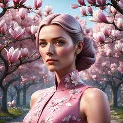 portrait of a woman with blossoming magnolia tree background