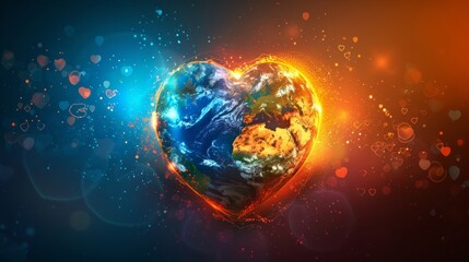 Heart-shaped planet earth radiating light, symbolizing love, unity, and global connection in a vibrant, cosmic scene, World humanitarian day