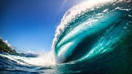 A naturalistic image capturing the calm and power of nature with a large barrel of ocean waves at sunset, suitable for travel, nature and surfing related content, in a layout with copy space