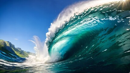 A naturalistic image capturing the calm and power of nature with a large barrel of ocean waves at sunset, suitable for travel, nature and surfing related content, in a layout with copy space