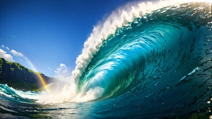 A naturalistic image capturing the calm and power of nature with a large barrel of ocean waves at sunset, suitable for travel, nature and surfing related content, in a layout with copy space