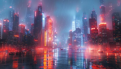 Futuristic cityscape with neon lights reflecting on water.