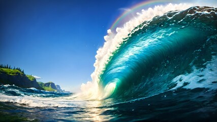 A naturalistic image capturing the calm and power of nature with a large barrel of ocean waves at sunset, suitable for travel, nature and surfing related content, in a layout with copy space