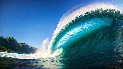 A naturalistic image capturing the calm and power of nature with a large barrel of ocean waves at sunset, suitable for travel, nature and surfing related content, in a layout with copy space