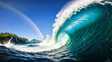 A naturalistic image capturing the calm and power of nature with a large barrel of ocean waves at sunset, suitable for travel, nature and surfing related content, in a layout with copy space