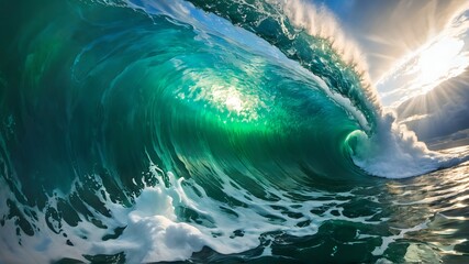 A naturalistic image capturing the calm and power of nature with a large barrel of ocean waves at sunset, suitable for travel, nature and surfing related content, in a layout with copy space