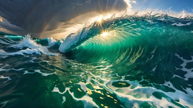 A naturalistic image capturing the calm and power of nature with a large barrel of ocean waves at sunset, suitable for travel, nature and surfing related content, in a layout with copy space