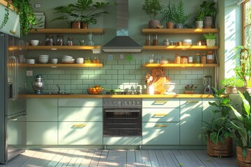 A bright, modern kitchen is filled with sunlight and an array of houseplants, with a person cooking