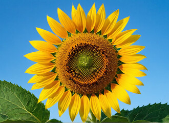 Naklejka premium Close up of sunflower against blue sky