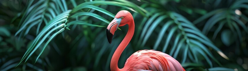 Fototapeta premium A vibrant pink flamingo gracefully standing in front of a palm leaf backdrop