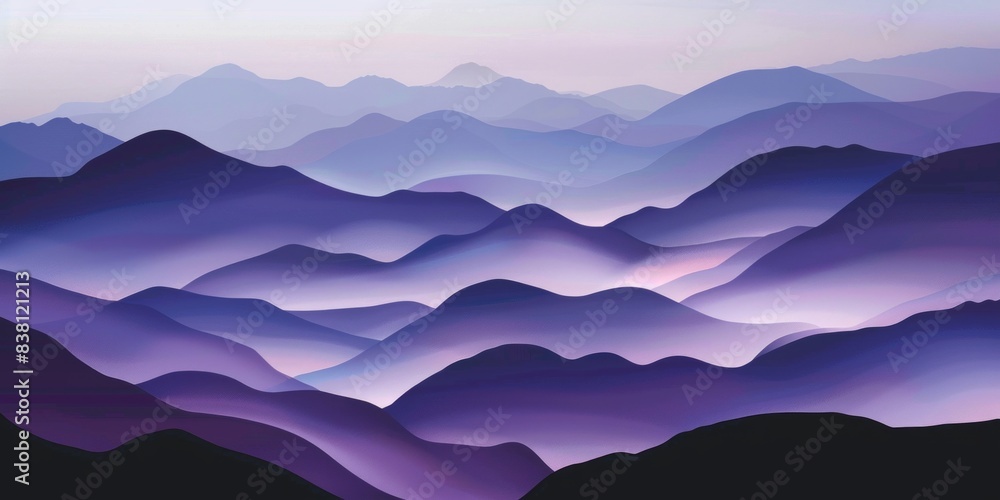 Poster a minimalist depiction of a mountain range bathed in the soft glow of dawn, with layers of purple hu