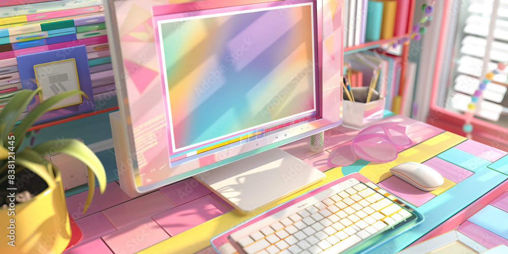 Poster the polaroid pastel paradise of data. a computer monitor showcasing a delightful array of pastel col
