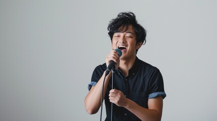 Young Asian man singing into microphone during studio recording session.