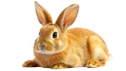 a rabbit with big ears, sitting on a white background. The rabbit's fur looks smooth and shiny, and its eyes are open