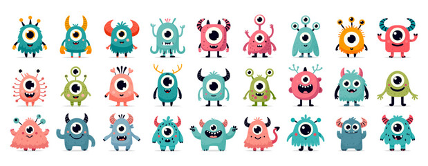 Funny isolated set of cartoon monsters with smiling faces and colorful designs for childrens storybooks, educational materials, friendly room decor, prints on kids clothing.