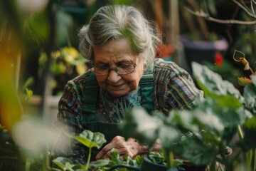 Fototapeta premium senior woman gardening at home, taking care of garden hobby. Growing vegetables at terrace or balcony, retired people activity