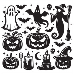 Ghosts, witches, and pumpkins, vector illustration, silhouette