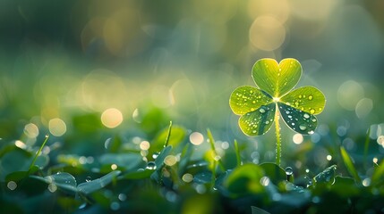 A single four-leaf clover growing in the grass symbolizes good fortune and luck on St. Patrick's Day. The background is blurred to emphasize the clovers.