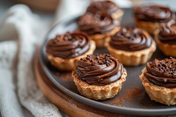 Mini Chocolate Pies Arranged On A Tray, Closeup, Confectionery Advertising Concept