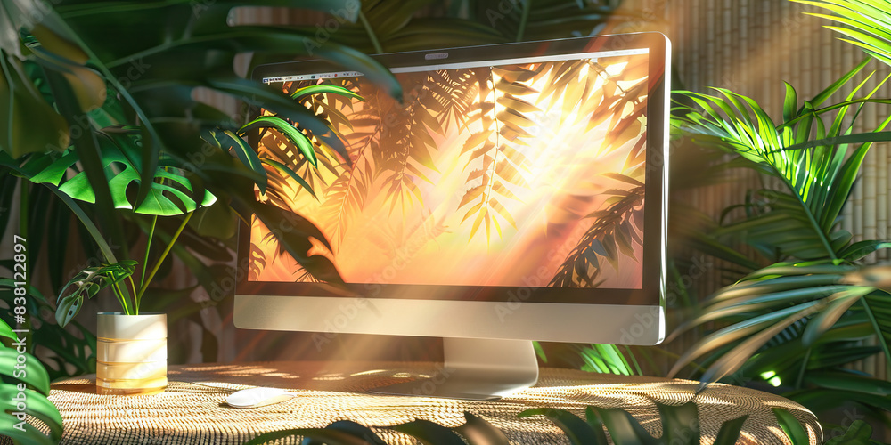 Poster the steamy summer breeze of data. a computer monitor displaying a breezy, summery scene, casting a p