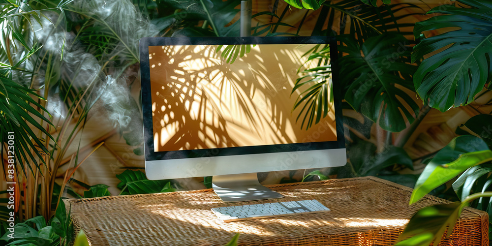 Poster the steamy summer breeze of data. a computer monitor displaying a breezy, summery scene, casting a p