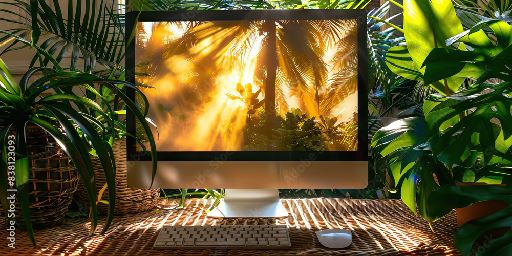 Poster the steamy summer breeze of data. a computer monitor displaying a breezy, summery scene, casting a p