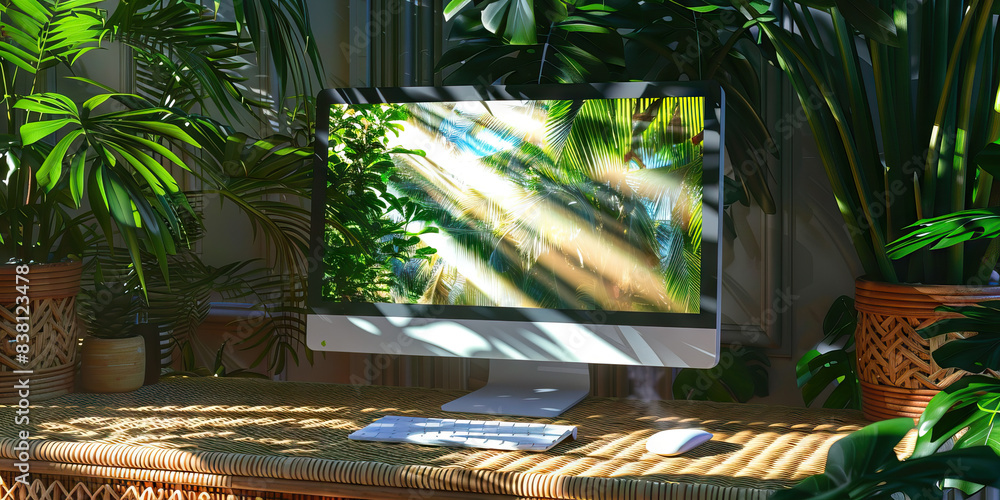 Poster the steamy summer breeze of data. a computer monitor displaying a breezy, summery scene, casting a p