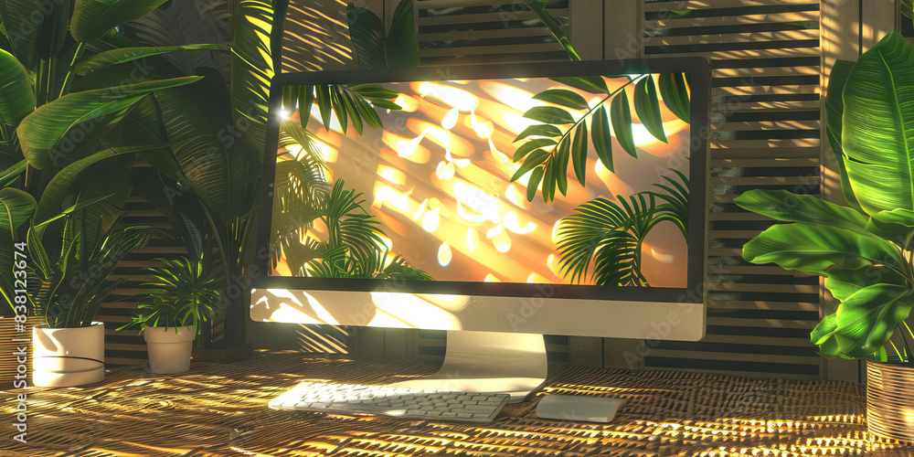 Poster the steamy summer breeze of data. a computer monitor displaying a breezy, summery scene, casting a p