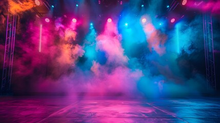 Fototapeta premium A stage with colorful lights and smoke in the background. The stage had colorful lights and smoke behind it, in the style of various artists.
