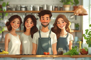 Digital art of four animated characters, with two women and two men, gathered in a bright kitchen with plants