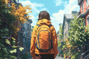 This vibrant illustration captures a person in a yellow jacket with a backpack standing amidst a city setting filled with greenery