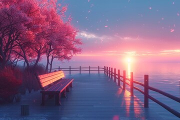 A tranquil scene with cherry blossoms and sunset at a serene lake, evoking peace and contemplation