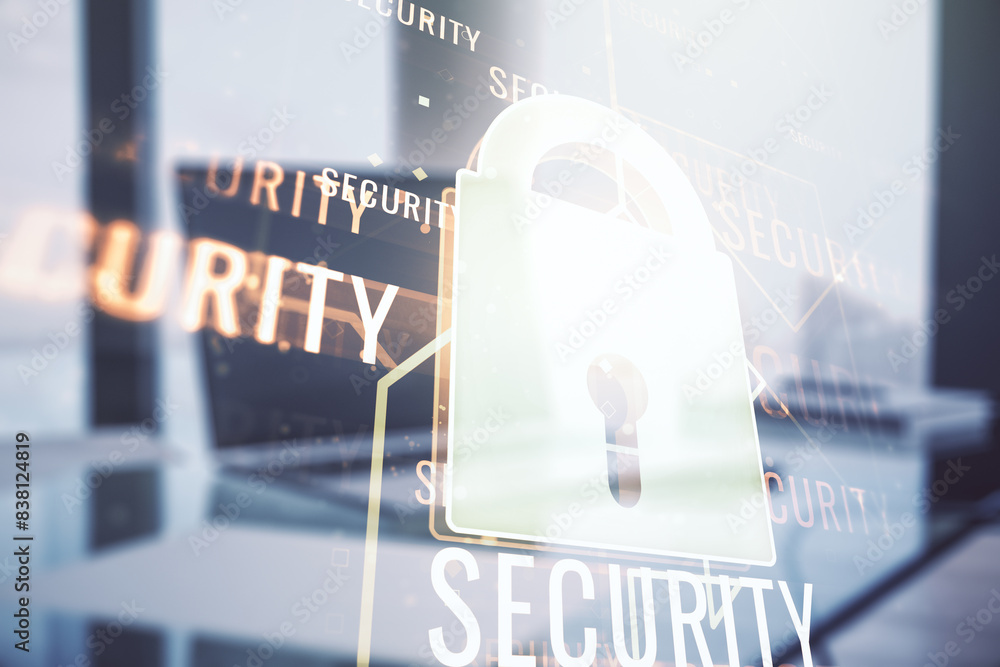 Poster creative light lock illustration with microcircuit on modern computer background, cyber security con